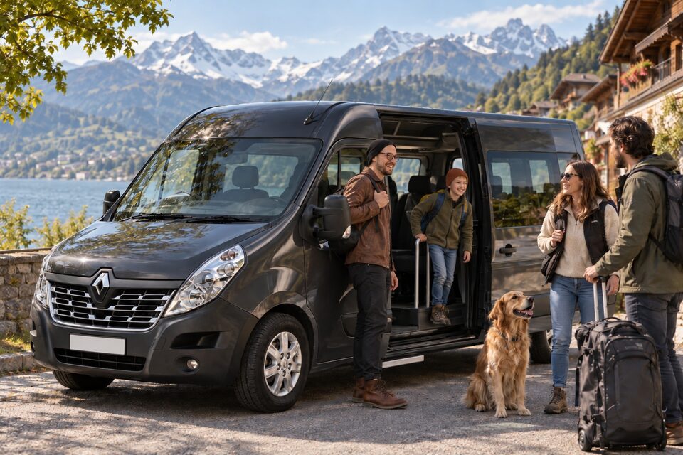 Une famille et son chien descendant d'un minibus en montagne